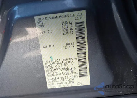 2015 Nissan Altima 2.5 from USA, damaged, VIN 1N4AL3AP7FN373661